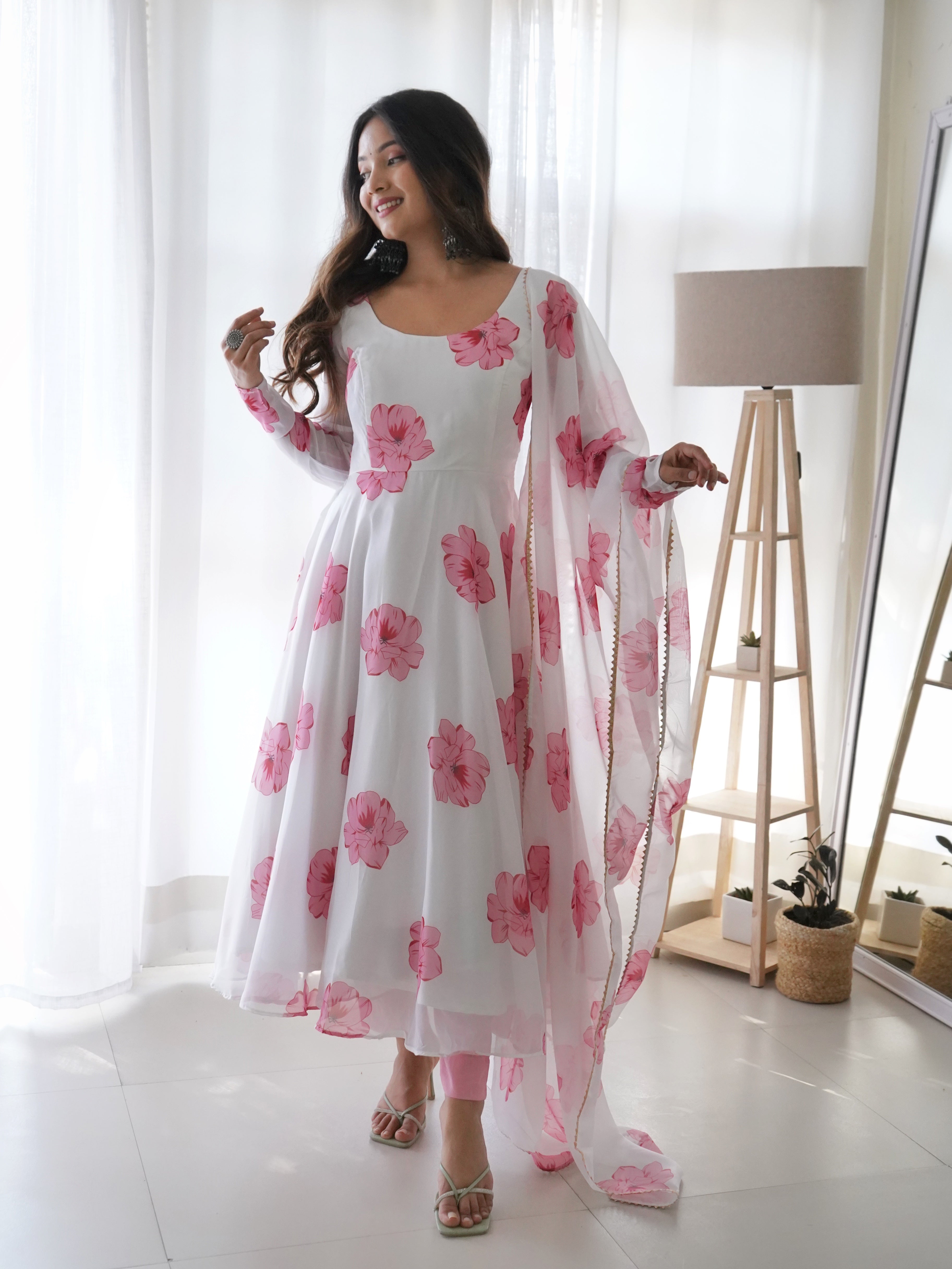 White Pink Flower Organza Printed Anarkali Kurti With Pant & Dupatta Set
